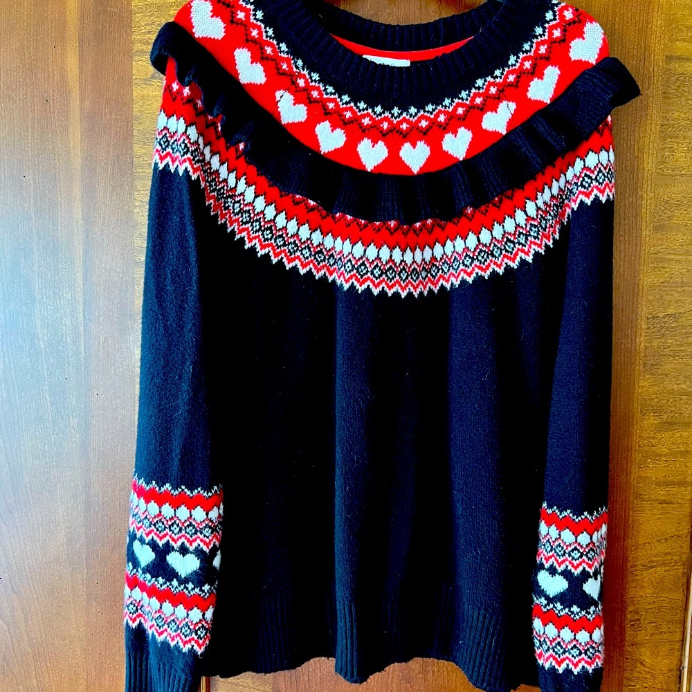 Woman’s 1X VALENTINES Charter Club Black Red & Wht Hearts w/ruffled yolk sweater
